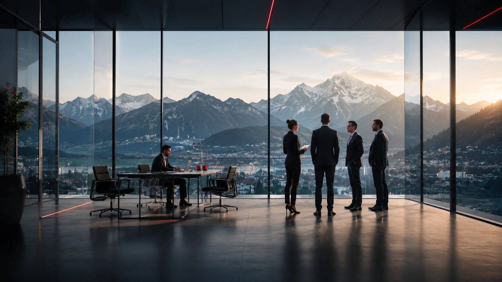 Vier Personen im Gespräch vor einer bodentiefen Fensterfront mit Alpenpanorama im Morgenlicht
