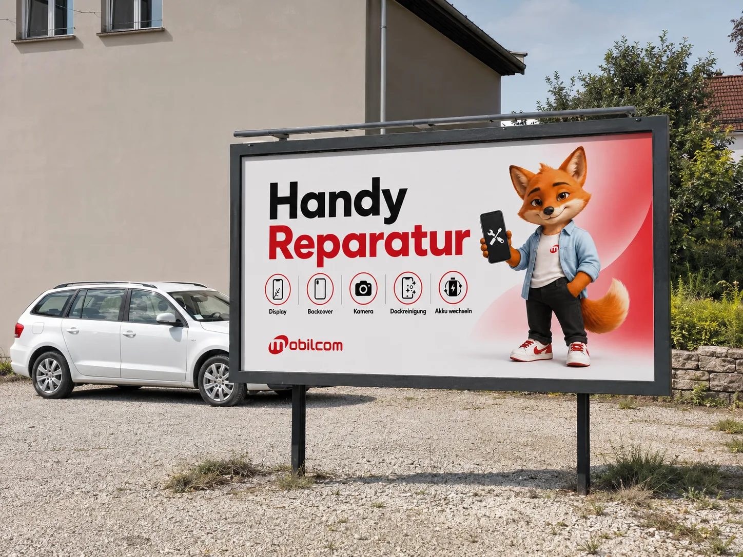 mobilcom-Plakat für Handy-Reparaturen mit Fux