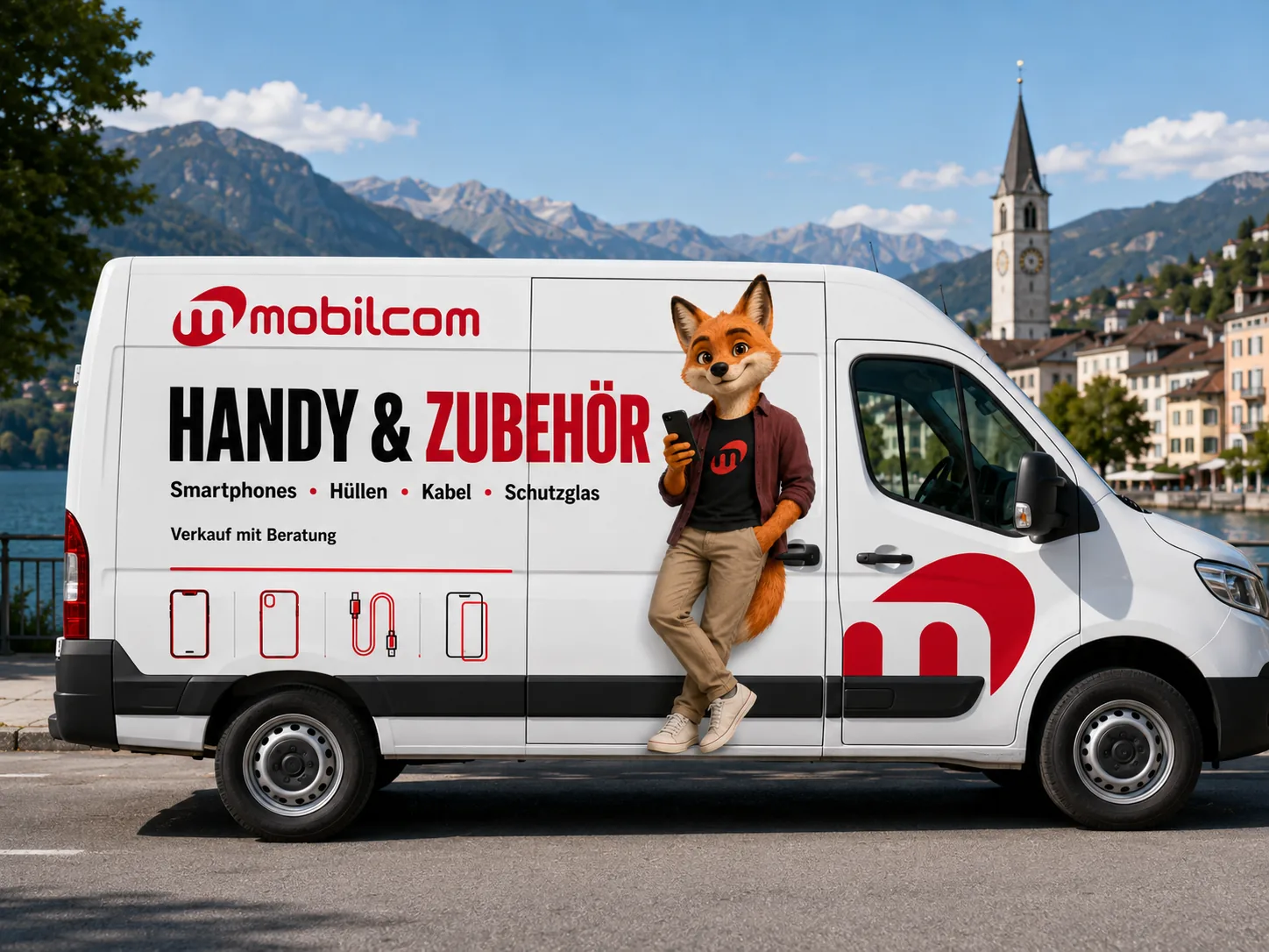 mobilcom-Fahrzeug mit Markenfigur Fux