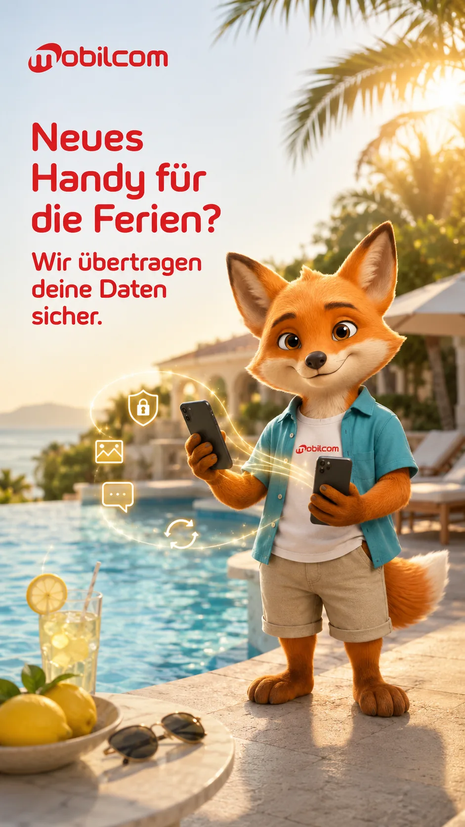 WhatsApp-Kampagnenmotiv mit Fux und einem neuen Handy