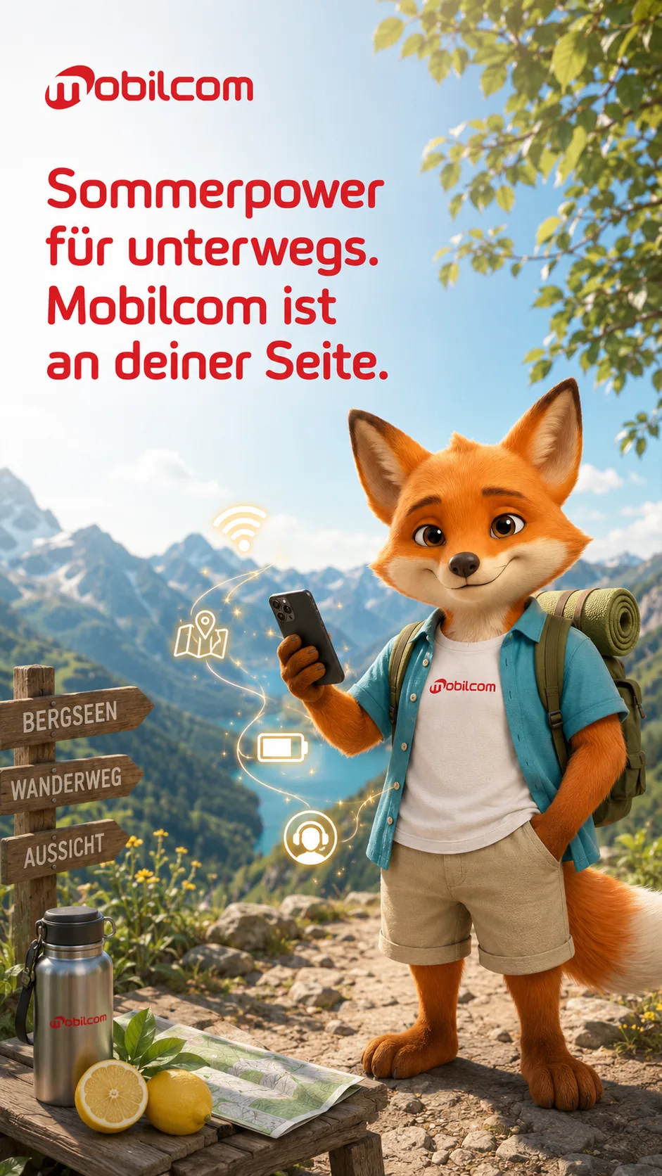 Sommerkampagnenmotiv mit Fux und Powerbank