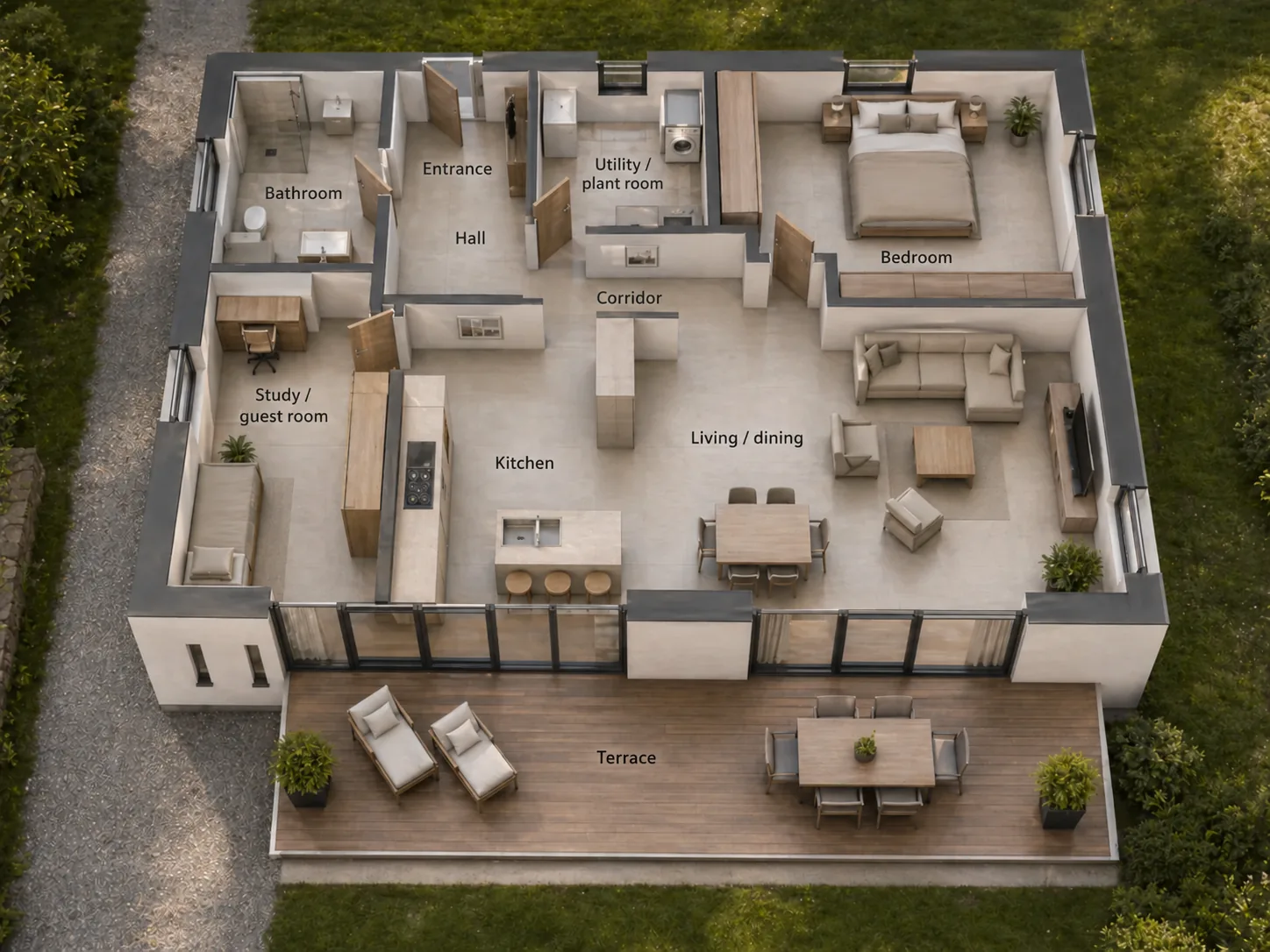 The 3D floor plan with all rooms labelled