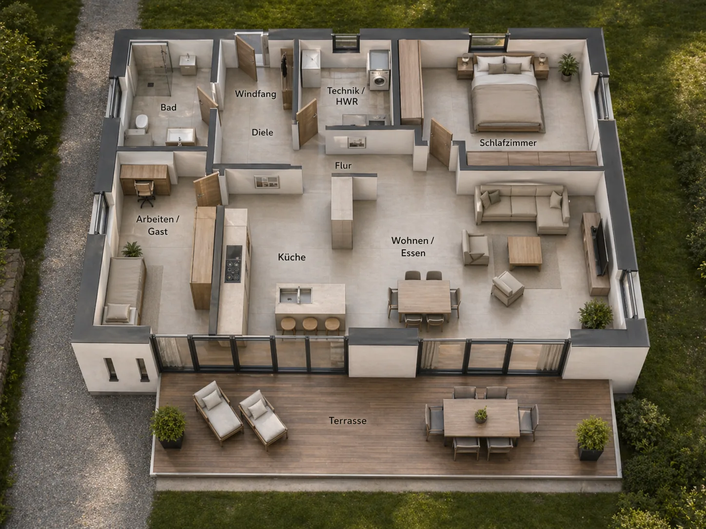 Der 3D-Grundriss mit allen Räumen beschriftet