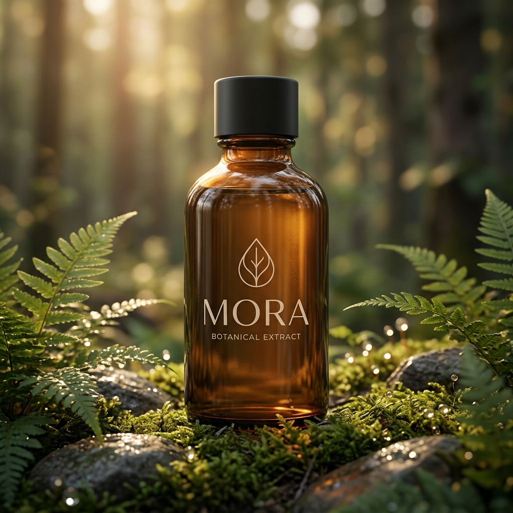 Mora Botanical Extract Produktvisual mit natürlicher Markenwelt
